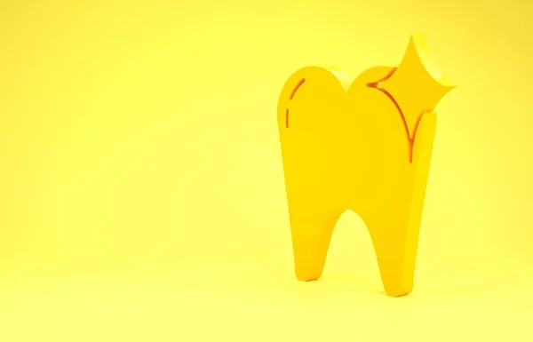 Ícone de conceito de clareamento dental amarelo isolado no fundo amarelo. Símbolo de dente para clínica odontológica ou centro médico dentista. Conceito de minimalismo. 3D ilustração 3D render — Fotografia de Stock
