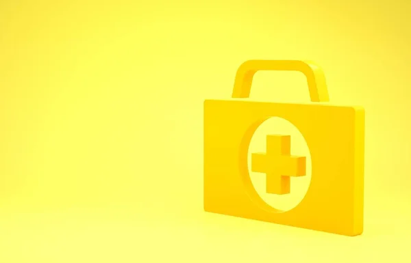 Yellow First aid kit icon isolated on yellow background. Medical box with cross. Medical equipment for emergency. Healthcare concept. Minimalism concept. 3d illustration 3D render