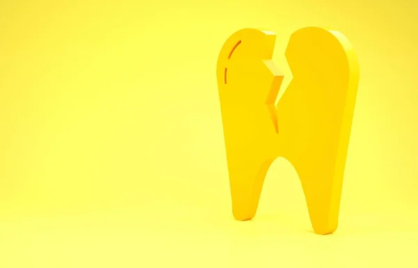 Ícone de dente quebrado amarelo isolado no fundo amarelo. Ícone de problema dentário. Símbolo de cuidados dentários. Conceito de minimalismo. 3D ilustração 3D render — Fotografia de Stock