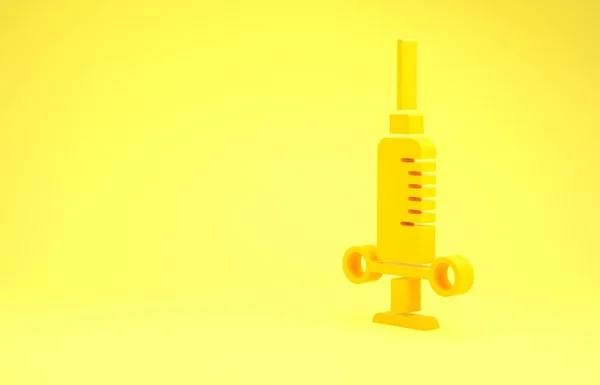 Seringa médica amarela Dental com o ícone da agulha isolado no fundo amarelo. Conceito de minimalismo. 3D ilustração 3D render — Fotografia de Stock