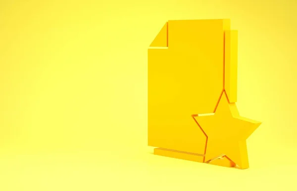 Κίτρινο έγγραφο με εικονίδιο αστεριού απομονωμένο σε κίτρινο φόντο. Έγγραφο καλύτερο, αγαπημένο, σύμβολο αξιολόγησης. Μινιμαλιστική έννοια. 3D απεικόνιση 3d καθιστούν — Φωτογραφία Αρχείου