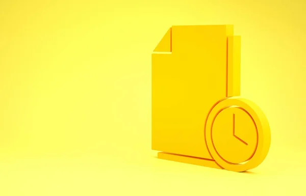 Documento amarillo con icono de reloj aislado sobre fondo amarillo. Documento y cuenta atrás, fecha límite, horario, símbolo de planificación. Concepto minimalista. 3D ilustración 3D render — Foto de Stock