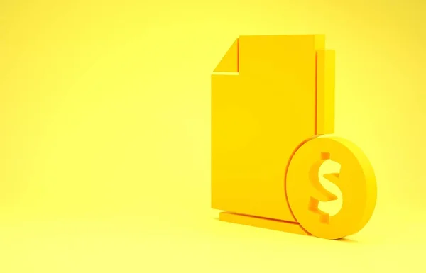 Icône du document Finance jaune isolée sur fond jaune. Document bancaire en papier avec pièce de monnaie en dollars pour facture ou concept de facture. Concept de minimalisme. Illustration 3D rendu 3D — Photo