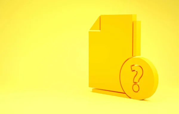 Yellow Unknown document icon isolated on yellow background. File with Question mark. Hold report, service and global search sign. Minimalism concept. 3d illustration 3D render — Stock Photo, Image