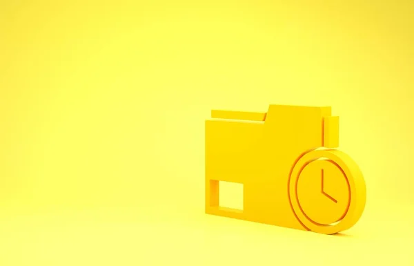 Gelber Dokumentordner mit Uhrzeigersymbol auf gelbem Hintergrund. Dokument und Countdown, Termin, Zeitplan, Planungssymbol. Minimalismus-Konzept. 3D Illustration 3D Renderer — Stockfoto