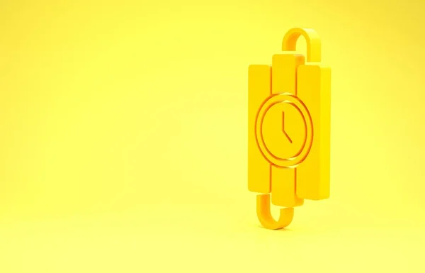 Bâton de bombe dynamite jaune détonant et icône horloge minuterie isolée sur fond jaune. Bombe à retardement - concept de danger d'explosion. Concept de minimalisme. Illustration 3D rendu 3D — Photo