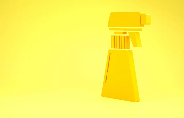 Жовтий пістолет-перукар розпилює пляшку з водою ізольовано на жовтому тлі. Концепція мінімалізму. 3D ілюстрація 3D рендеринга — стокове фото