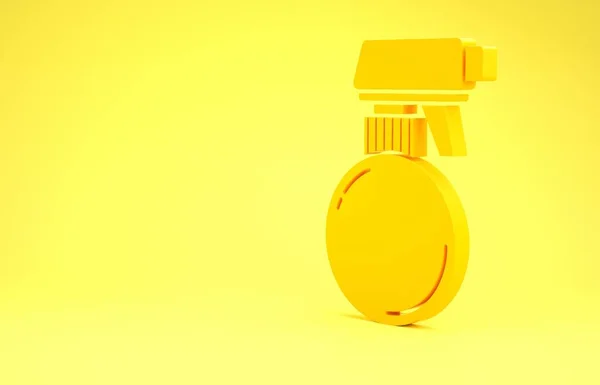 Żółta butelka lakieru pistoletu fryzjerskiego z ikoną wody izolowane na żółtym tle. Koncepcja minimalizmu. Ilustracja 3d — Zdjęcie stockowe