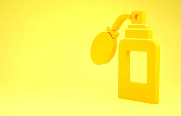 Жовта пляшка Aftershave з іконою атомізатора ізольована на жовтому тлі. Ікона спрею Кельна. Чоловічі парфумерні пляшки. Концепція мінімалізму. 3d Illustrated 3d render — стокове фото