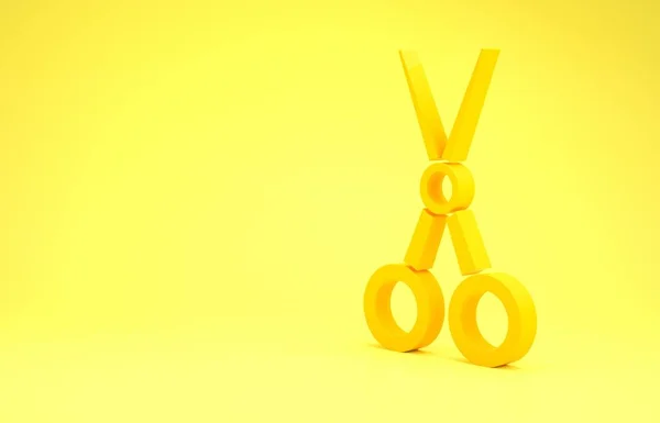 Ікона жовтої ножиці (Yellow Scissors) ізольована на жовтому тлі. перукарня, модний салон і перукарський знак. Символ перукарні. Концепція мінімалізму. 3D-рендеринг — стокове фото