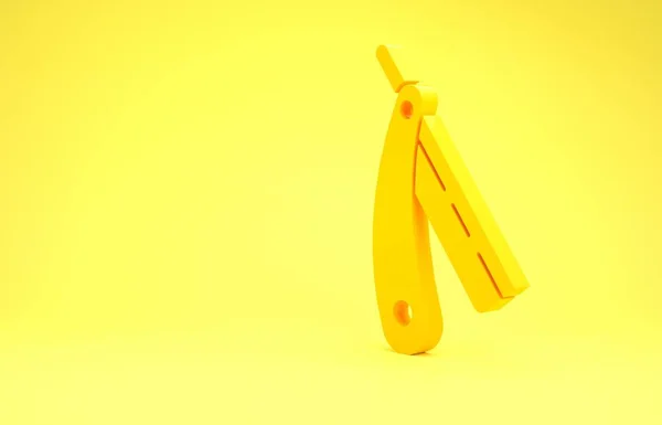 Желтая прямая бритва значок изолирован на желтом фоне. Символ парикмахерской. Концепция минимализма. 3D-рендеринг — стоковое фото
