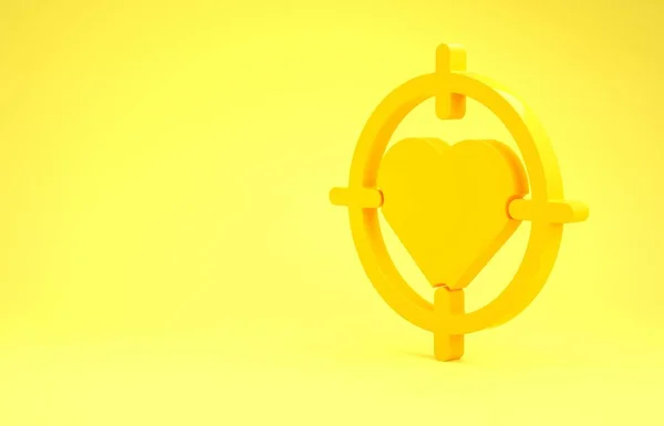 Cœur jaune au centre des fléchettes cible icône de but isolé sur fond jaune. Saint Valentin. Concept de minimalisme. Illustration 3D rendu 3D — Photo