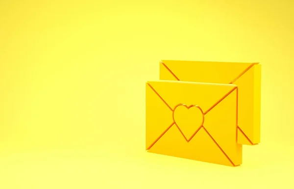Gele Envelop met Valentijn hart pictogram geïsoleerd op gele achtergrond. Boodschap liefde. Brief liefde en romantiek. Minimalisme concept. 3d illustratie 3D renderen — Stockfoto