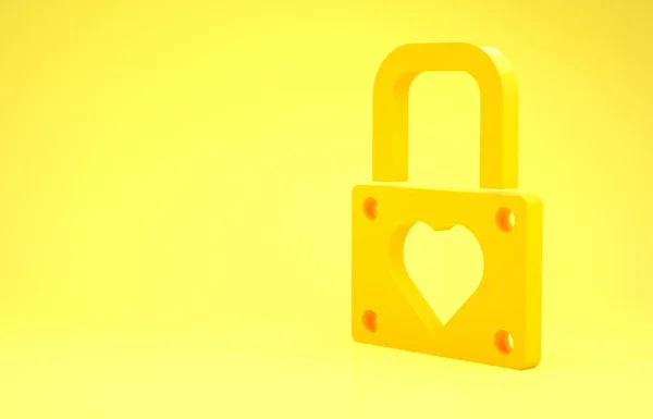 Gele Lock en hart pictogram geïsoleerd op gele achtergrond. Vergrendeld hart. Liefdessymbool en sleutelgat teken. Valentijnsdag symbool. Minimalisme concept. 3d illustratie 3d renderen — Stockfoto