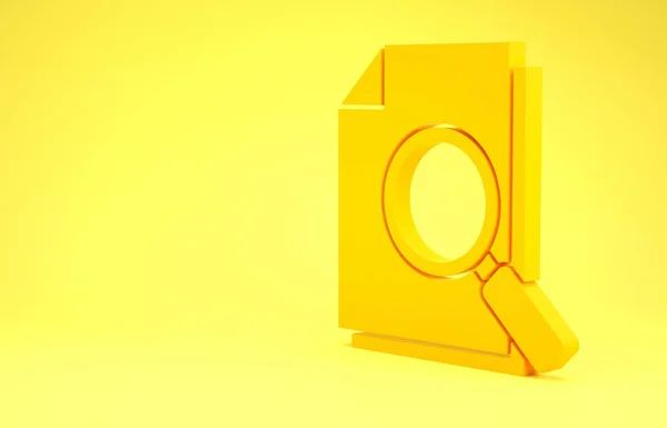 Yellow Document with search icon isolated on yellow background. File and magnifying glass icon. Analytics research sign. Minimalism concept. 3d illustration 3D render — Stock Photo, Image