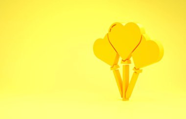 Sarı arkaplanda izole edilmiş kurdele ikonu olan kalp şeklinde sarı balonlar. Minimalizm kavramı. 3d illüstrasyon 3d canlandırma