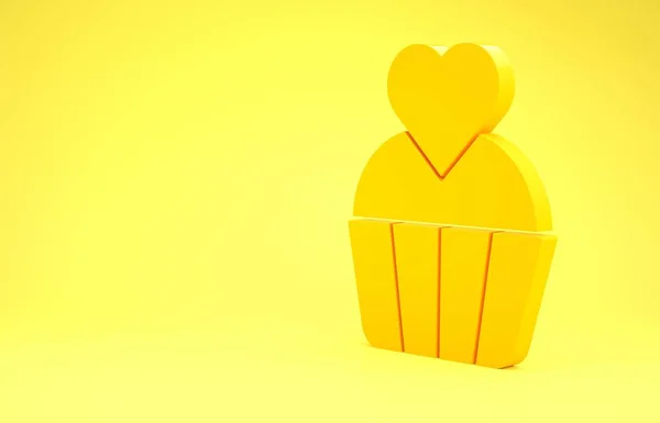 Yellow Wedding cake with heart icon isolated on yellow background. Valentines day symbol. Minimalism concept. 3d illustration 3D render