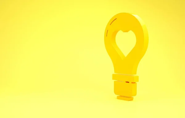 Sarı arkaplanda izole edilmiş bir ampul ikonunda sarı kalp şekli. Aşk sembolü. Sevgililer Günü sembolü. Minimalizm kavramı. 3d illüstrasyon 3d canlandırma — Stok fotoğraf