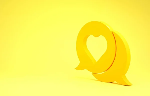 Żółte Serce w ikonie bańki mowy izolowane na żółtym tle. Koncepcja minimalizmu. Ilustracja 3D 3D renderowania — Zdjęcie stockowe