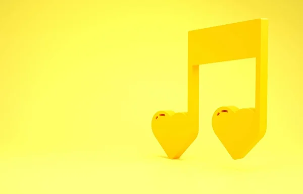 Sarı nota, sarı arkaplanda izole edilmiş kalpler simgesi olan ton. Sevgililer Günü. Minimalizm kavramı. 3d illüstrasyon 3d canlandırma — Stok fotoğraf