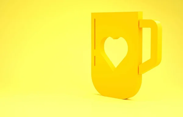 Sarı kahve fincanı ve kalp ikonu sarı arka planda izole edilmiş. Sevgililer Günü 'nde sevgililer için birkaç kahve. Minimalizm kavramı. 3d illüstrasyon 3d canlandırma — Stok fotoğraf
