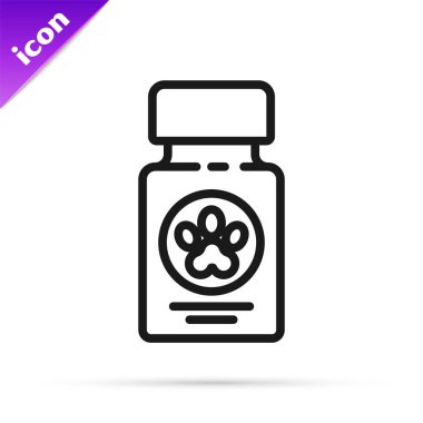 Siyah çizgi köpek ilacı şişesi ve beyaz arka planda izole edilmiş ilaç ikonu. İçinde haplar olan konteynır. Hayvan için reçeteli ilaç. Vektör İllüstrasyonu