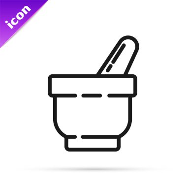 Siyah çizgi havan ve tokmak simgesi beyaz arkaplanda izole edildi. Vektör İllüstrasyonu