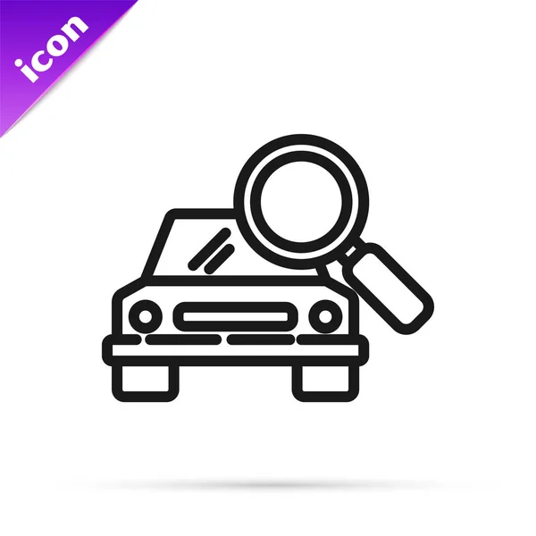 Black Line Car Search Icon Isolated White Background Magnifying Glass — ストックベクタ