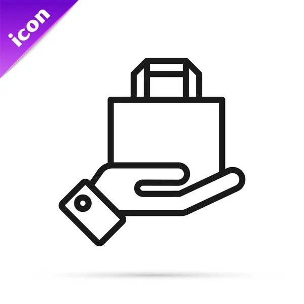 Black Line Hand Paper Shopping Bag Icon Isolated White Background — 스톡 벡터