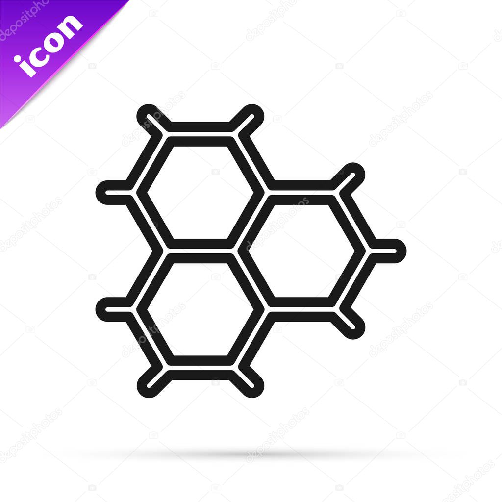 Black line Chemical formula consisting of benzene rings icon isolated on white background.  Vector Illustration