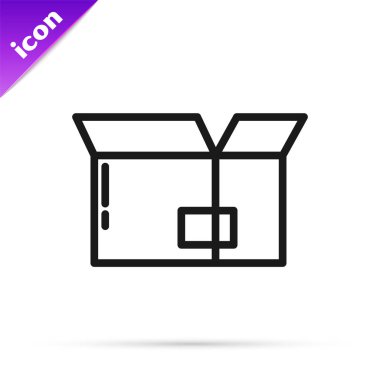 Siyah çizgi karton kutu simgesi beyaz arkaplanda izole edildi. Kutu, paket, paket işareti. Teslimat ve ambalaj. Vektör İllüstrasyonu