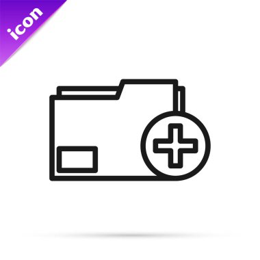 Siyah çizgi Beyaz arkaplanda izole edilmiş yeni dizin simgesi ekle. Yeni dizin dosyası. Belge simgesini kopyala. Eklenti oluşturma dizini yeni bir artı oluşturur. Vektör İllüstrasyonu