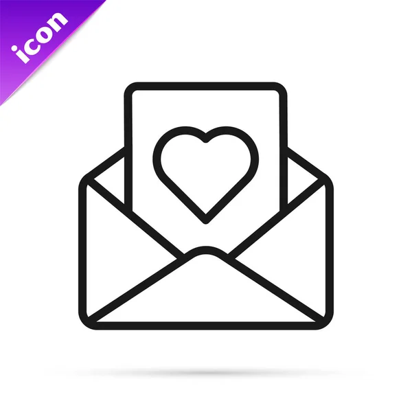 Svart Linje Kuvert Med Valentine Heart Ikon Isolerad Vit Bakgrund — Stock vektor