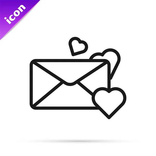 白い背景に隔離されたバレンタインハートアイコンを持つ黒い線の封筒 メッセージの愛 手紙の愛とロマンスベクトルイラストレーション — ストックベクタ