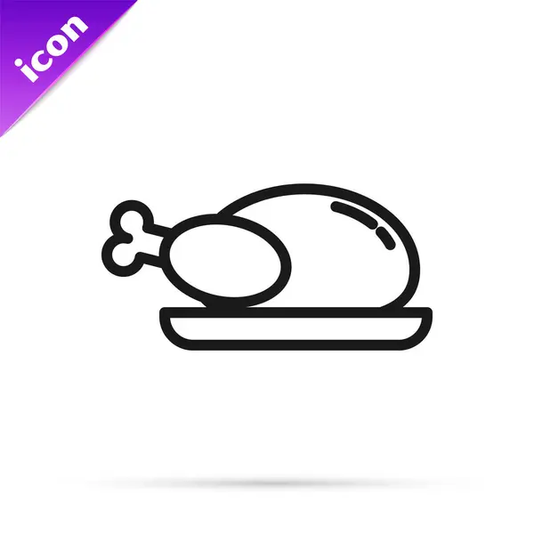 Black Line Roasted Turkey Chicken Icon Isolated White Background Vector — 스톡 벡터