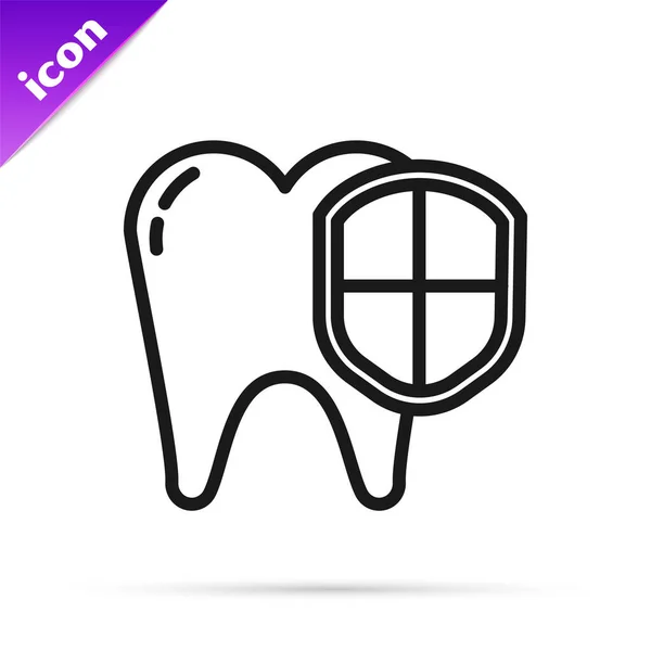 Black Line Dental Protection Icon Isolated White Background Tooth Shield — Stock Vector