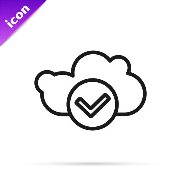 Black Line Cloud Check Mark Icon Isolated White Background Cloud — 스톡 벡터