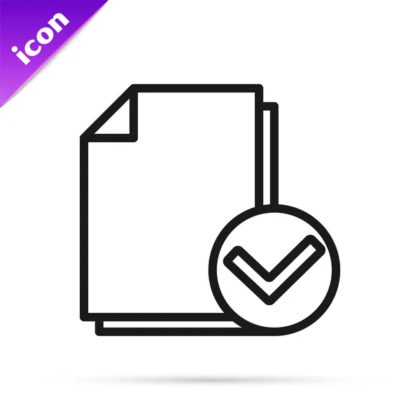 Black Line Document Check Mark Icon Isolated White Background Checklist — Stock Vector