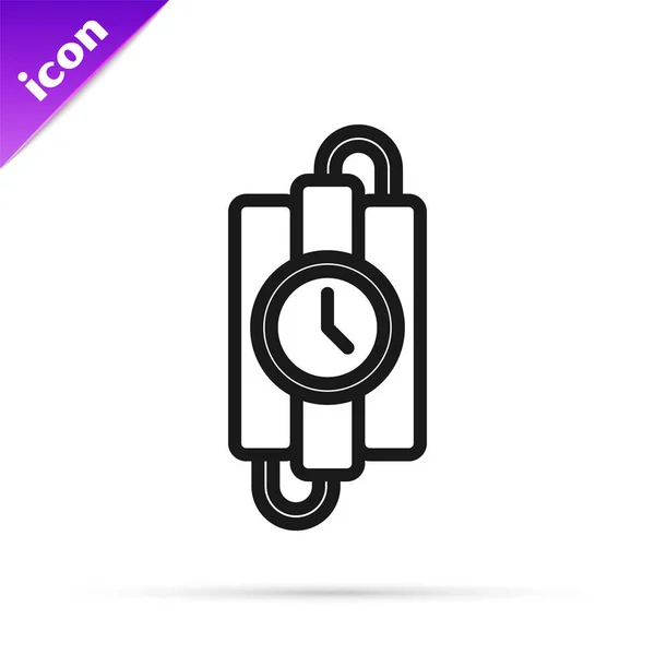 Black Line Detonate Dynamite Bomb Stick Timer Clock Icon Isolated — Stock Vector