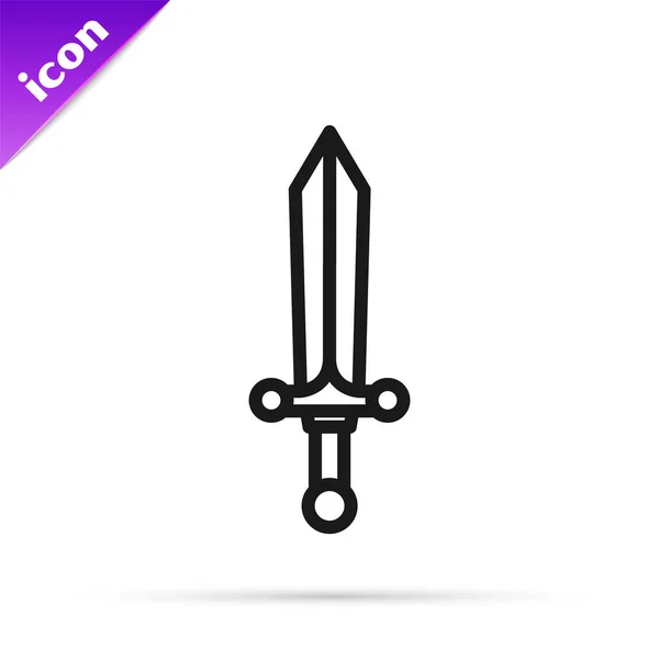 Icono Espada Medieval Línea Negra Aislado Sobre Fondo Blanco Ilustración — Vector de stock