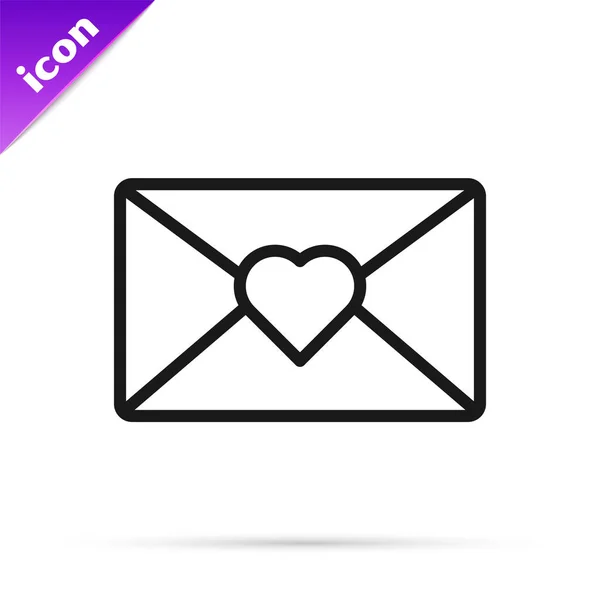 Svart Linje Kuvert Med Valentine Heart Ikon Isolerad Vit Bakgrund — Stock vektor