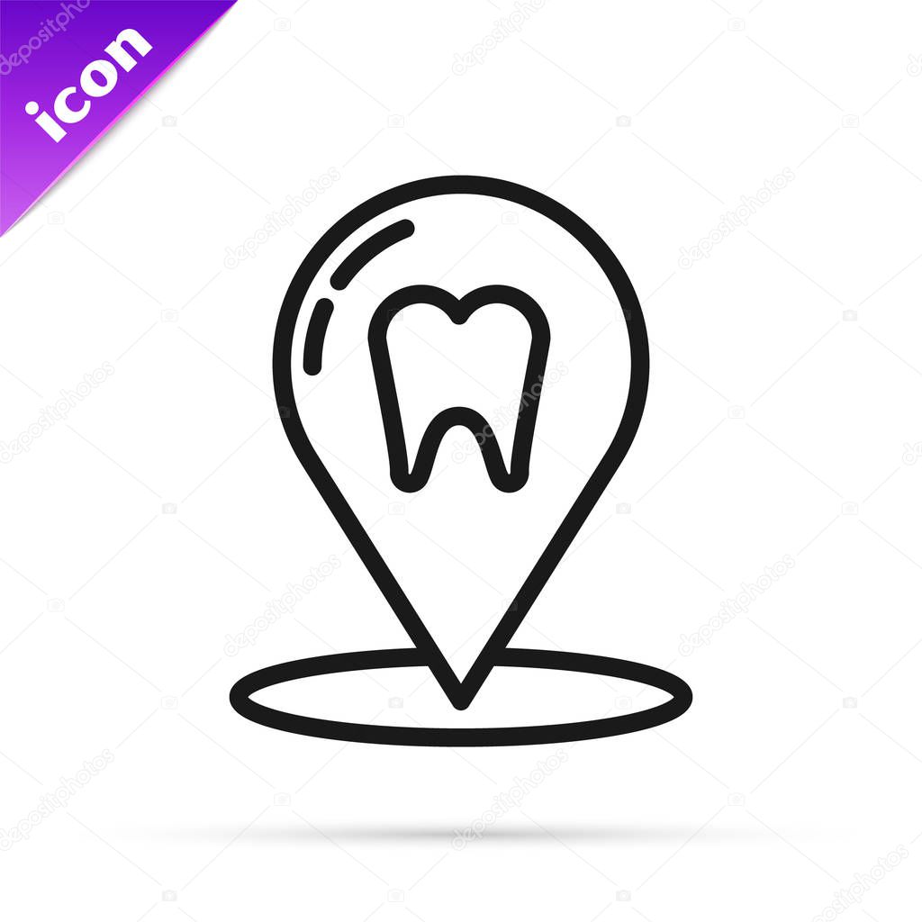 Black line Dental clinic location icon isolated on white background.  Vector Illustration