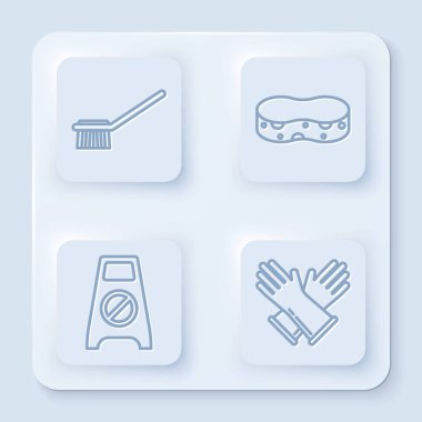 Tuvalet fırçasını, süngeri, ıslak zemini, temizliği ve lastik eldivenleri ayarlayın. Beyaz kare düğme. Vektör