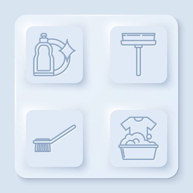 Plastik şişeleri sıvı bulaşık deterjanı, silecek, kazıyıcı, tuvalet fırçası ve sabun köpüklü plastik leğen için ayarla. Beyaz kare düğme. Vektör