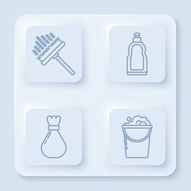 Silecek, kazıyıcı, silecek sıvı bulaşık deterjanı, çöp torbası ve köpüklü kova için plastik şişe ayarlayın. Beyaz kare düğme. Vektör