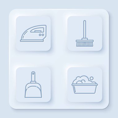 Elektrik hattı, süpürge, faraş ve sabun köpüklü plastik leğen. Beyaz kare düğme. Vektör