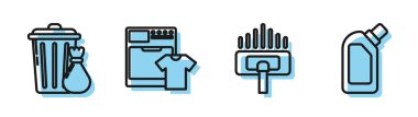 Elektrik süpürgesi, çöp tenekesi, çöp torbası, çamaşır makinesi, tişört ve sıvı bulaşık ikonu için plastik şişeleri ayarlayın. Vektör