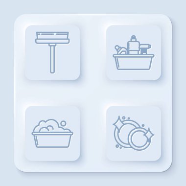 Silecek, kazıyıcı, silecek sıvı bulaşık deterjanı için plastik şişeler sabun köpüklü plastik leğen ve bulaşık deterjanı. Beyaz kare düğme. Vektör