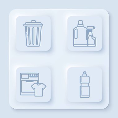 Çöp tenekesi, sıvı bulaşık deterjanı için plastik şişeler, bulaşık makinesi, tişört ve sıvı bulaşık deterjanı için plastik şişeler. Beyaz kare düğme. Vektör