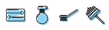 Sıralı tuvalet fırçası, havlu yığını, deterjan ile temizleme spreyi şişesi ve silecek sileceği, kazıyıcı, silecek ikonu. Vektör